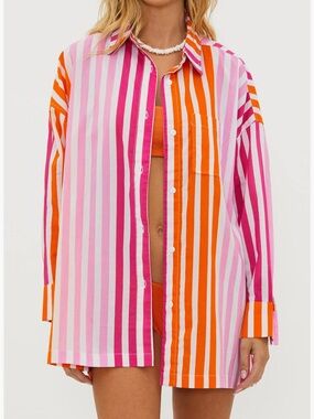 Beach Riot Striped Button-Down Shirt in Pink & Orange